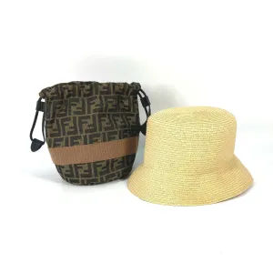 FENDI hat FXQ891 leather beige Handbag AIJE RAFFIA BUCKET Hat Bucket hat & drawstring bag Women Used