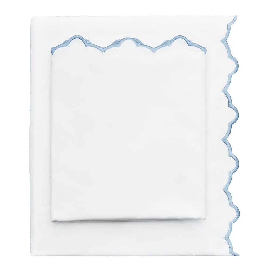 French Blue Scalloped Embroidered Sheet Set (Fitted, Flat, & Pillow Cases)