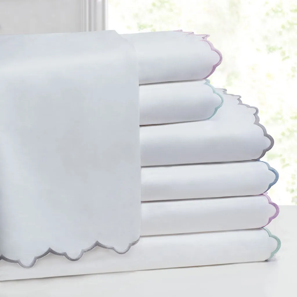 French Blue Scalloped Embroidered Sheet Set (Fitted, Flat, & Pillow Cases)