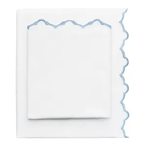 French Blue Scalloped Embroidered Sheet Set (Fitted, Flat, & Pillow Cases)