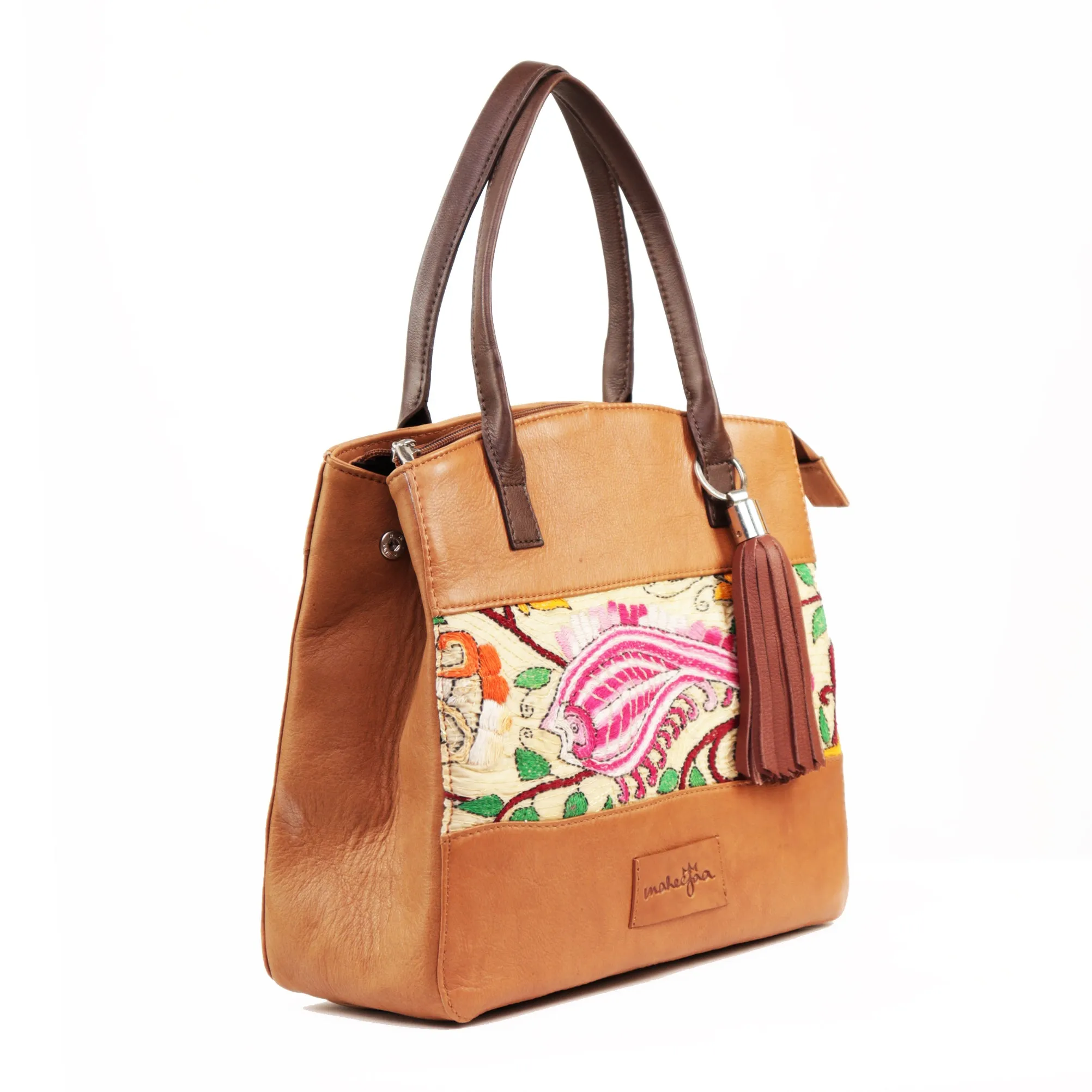 Genuine Leather-Kantha Handcrafted Tote Bag Women (Tan)