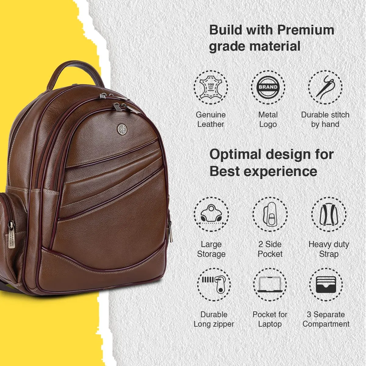 Genuine Leather Laptop Backpack with Multiple Compartments - Fits up to 16 Inch Laptop/MacBook