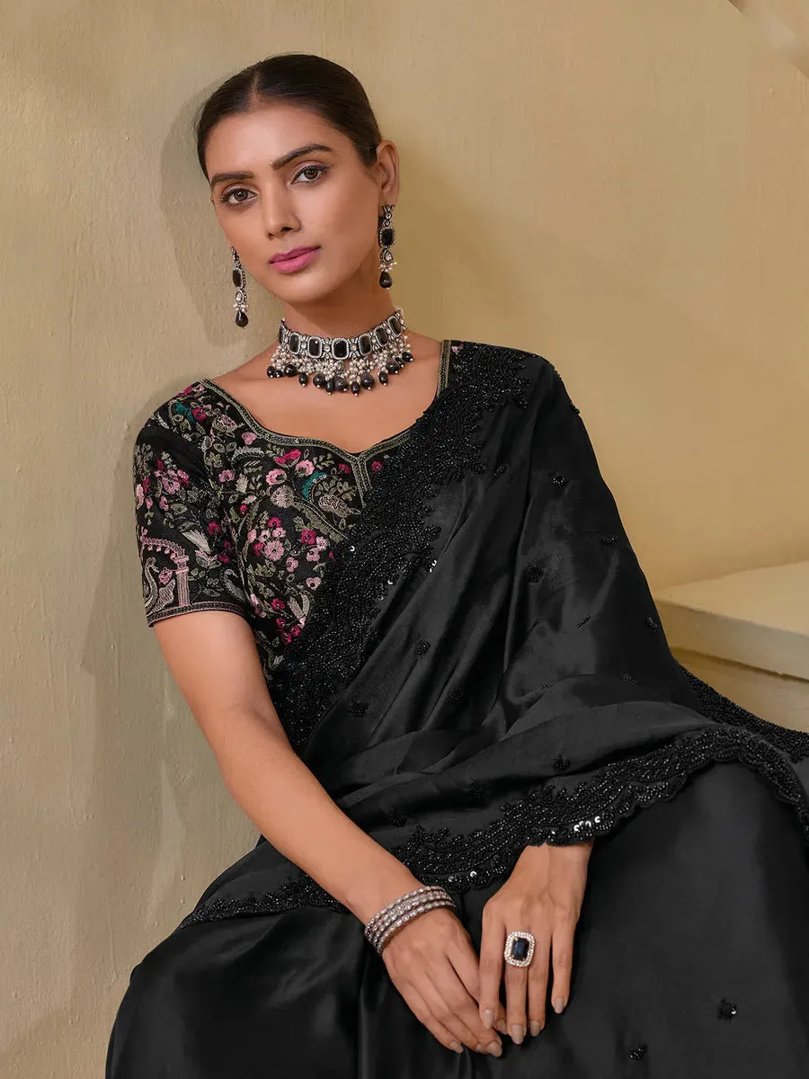 Gorgeous  Black Banarasi Silk Embroidered Saree