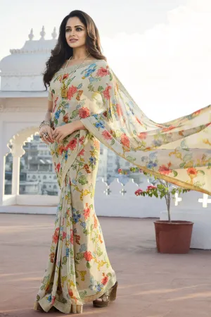 Gorgeous Georgette Beige Printed Saree