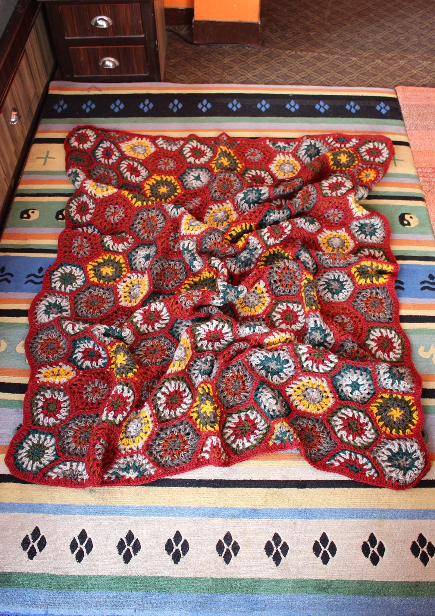 Gorgeous Hand Crochet Red and Yellow Multicolor Woolen Blanket