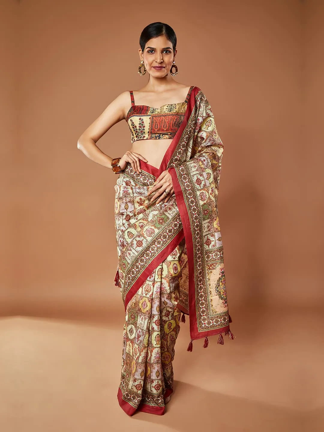 Gorgeous Mehandi and Rust Color Dupain Saree