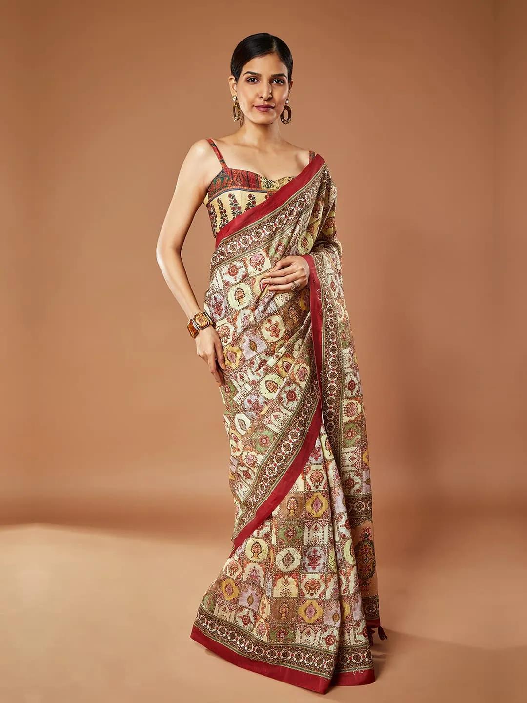 Gorgeous Mehandi and Rust Color Dupain Saree