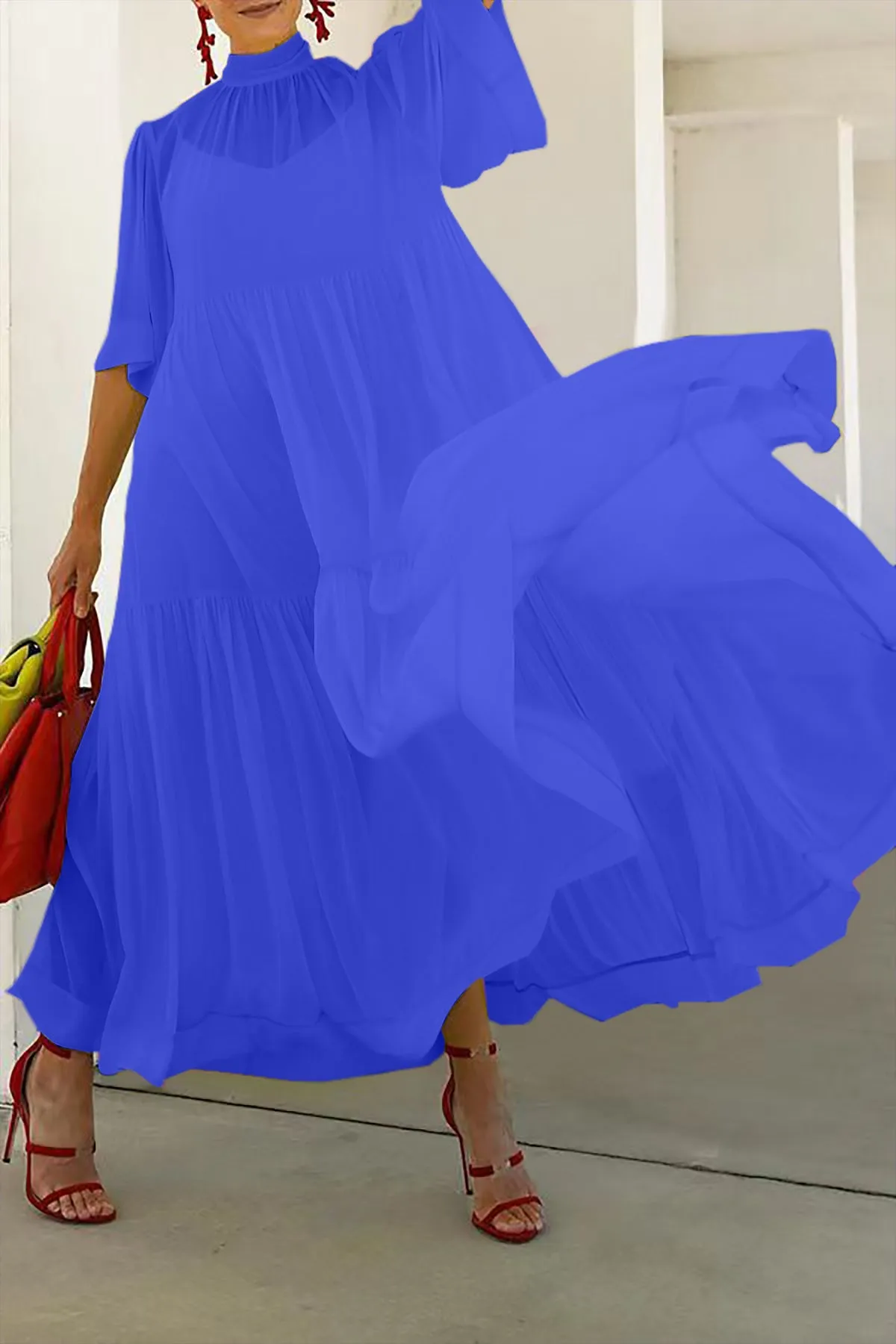 Gorgeous Stand Collar Ruffle Hem Dress