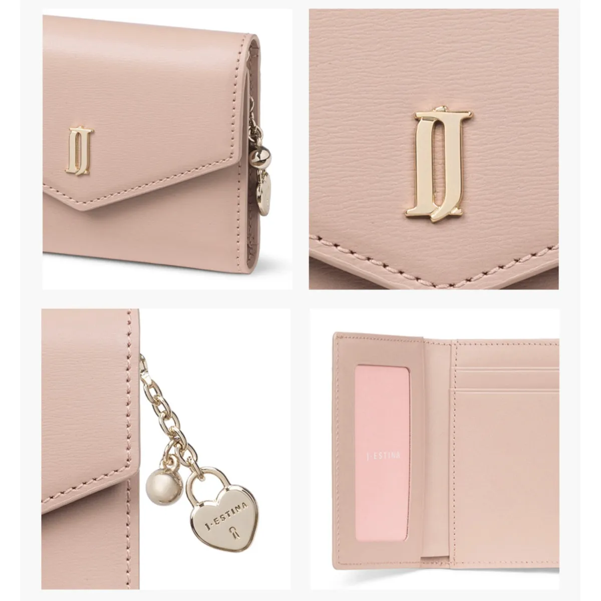 J.ESTINA JANE Mini Trifold Wallet Pink Embossed Cowhide Pearl Ball Heart Charm Ornament Banknote Card ID Card Wallet / from Seoul, Korea