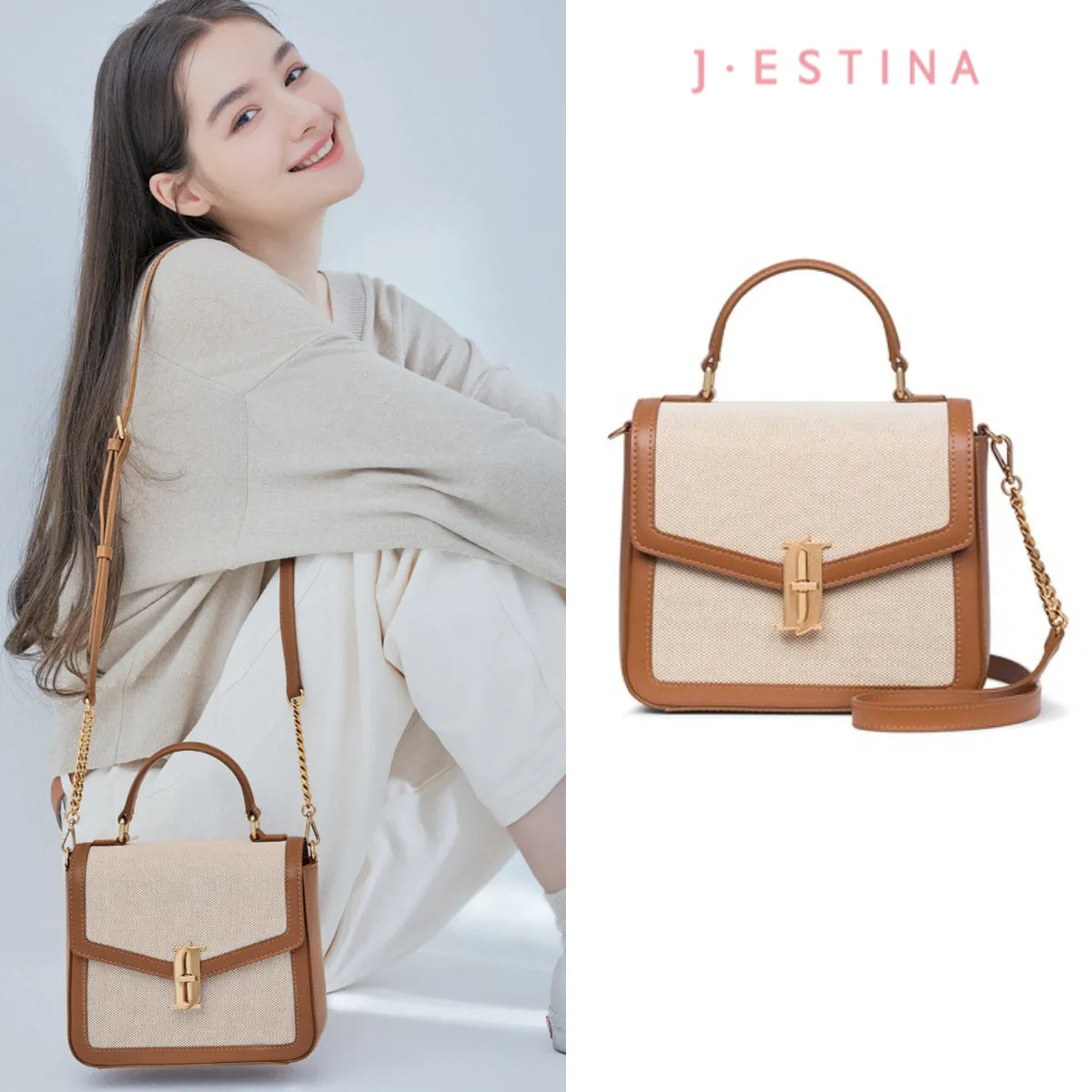 J.ESTINA JOELLE FALLIN Canvas SM Satchel TA Crossbody Shoulder Bag Canvas Tanned Leather Combi Colour Design Park Min-young's Pick / from Seoul, Korea