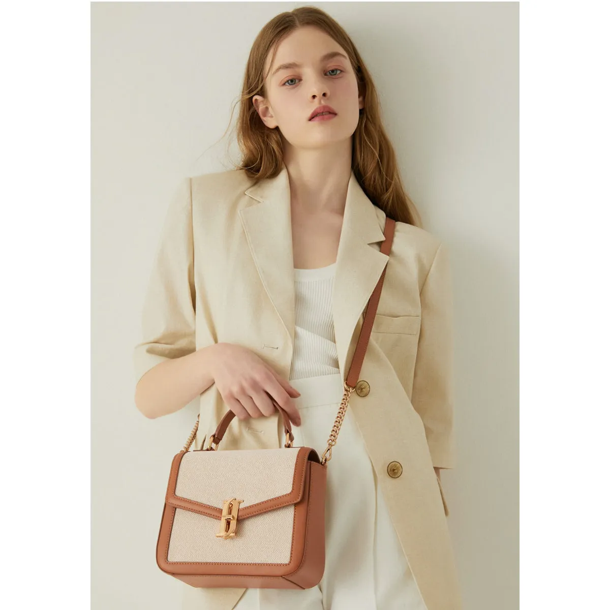 J.ESTINA JOELLE FALLIN Canvas SM Satchel TA Crossbody Shoulder Bag Canvas Tanned Leather Combi Colour Design Park Min-young's Pick / from Seoul, Korea