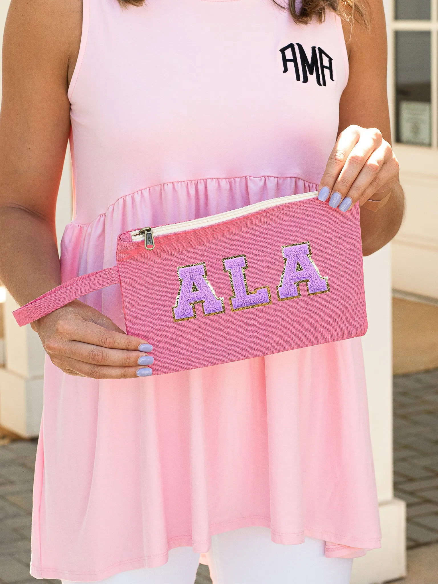 Just The Essentials Solid Varsity Letter Cosmetic Bag- Coral