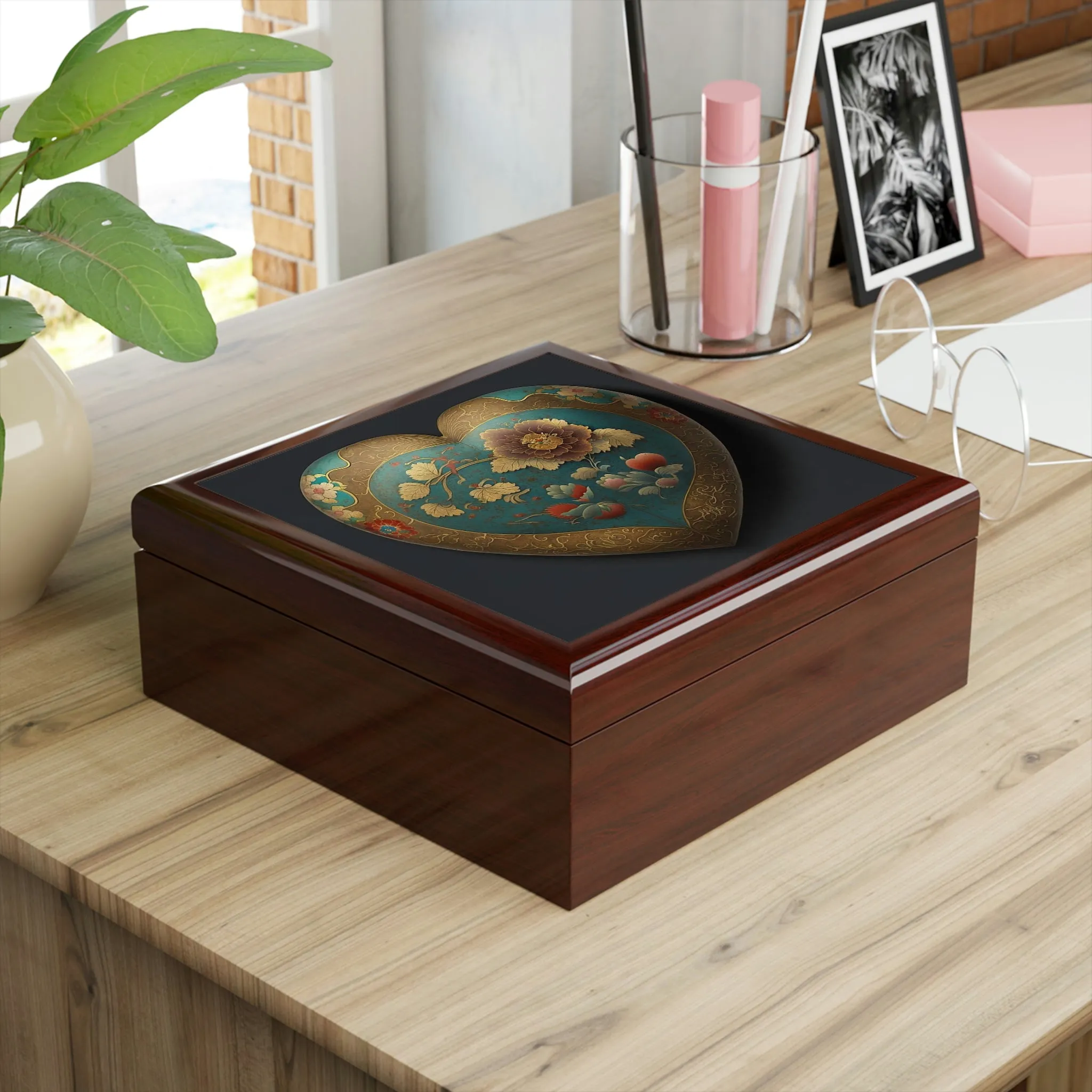 Keepsake Heart Wood Keepsake Jewelry Box with Ceramic Tile Cover