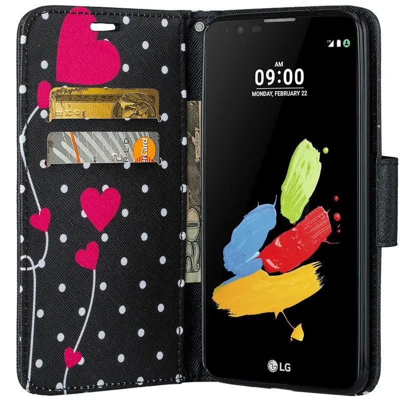 LG Stylo 2 Case, LG Stylo 2 V Wallet Case [Kickstand] Pu Leather Wrist Strap Wallet Case w/ ID & Card Slots & Pocket - Polka Dot Hearts