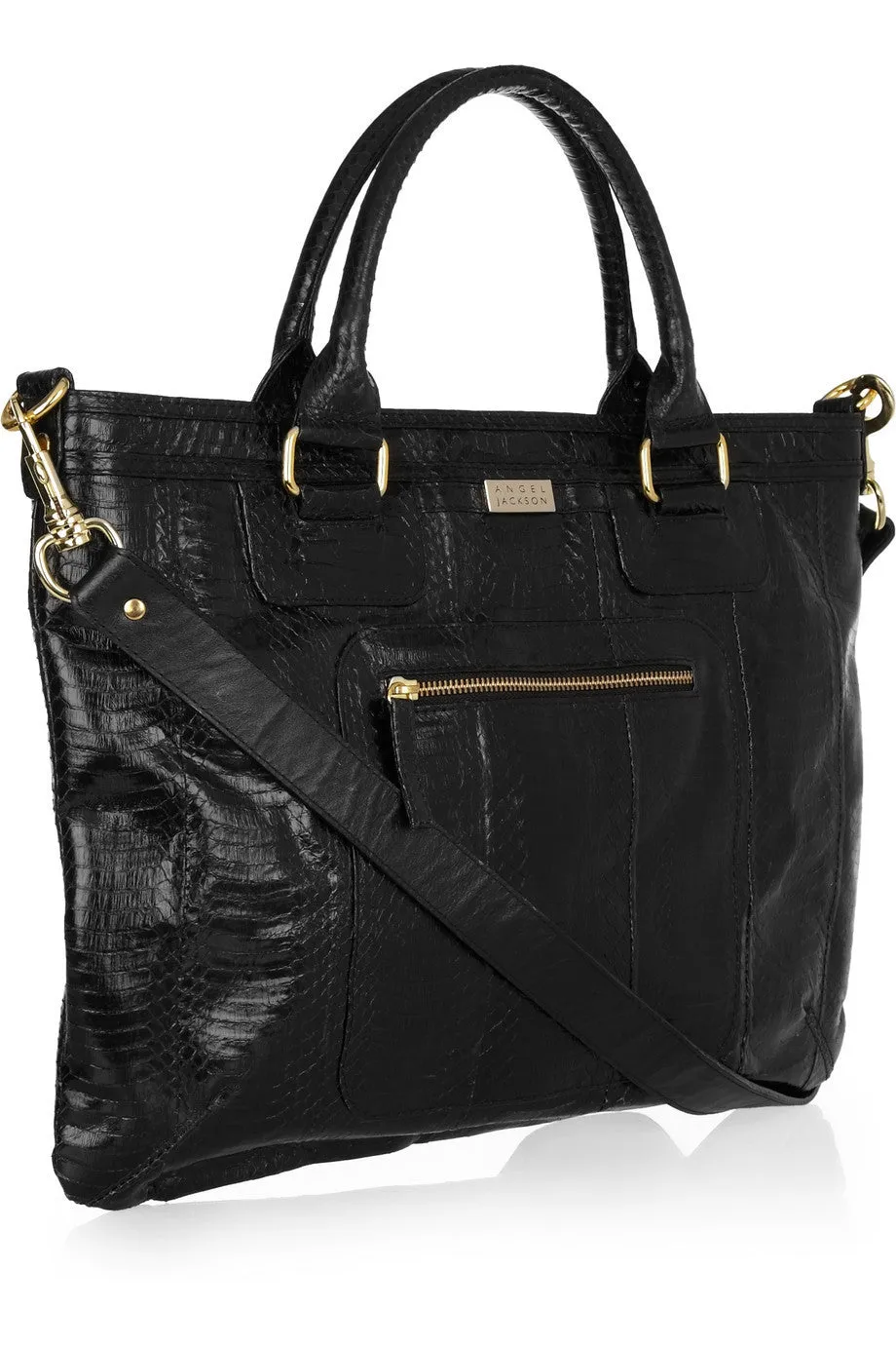 LUXURY EVERYDAY BLACK SNAKESKIN AND LEATHER TOTE BAG