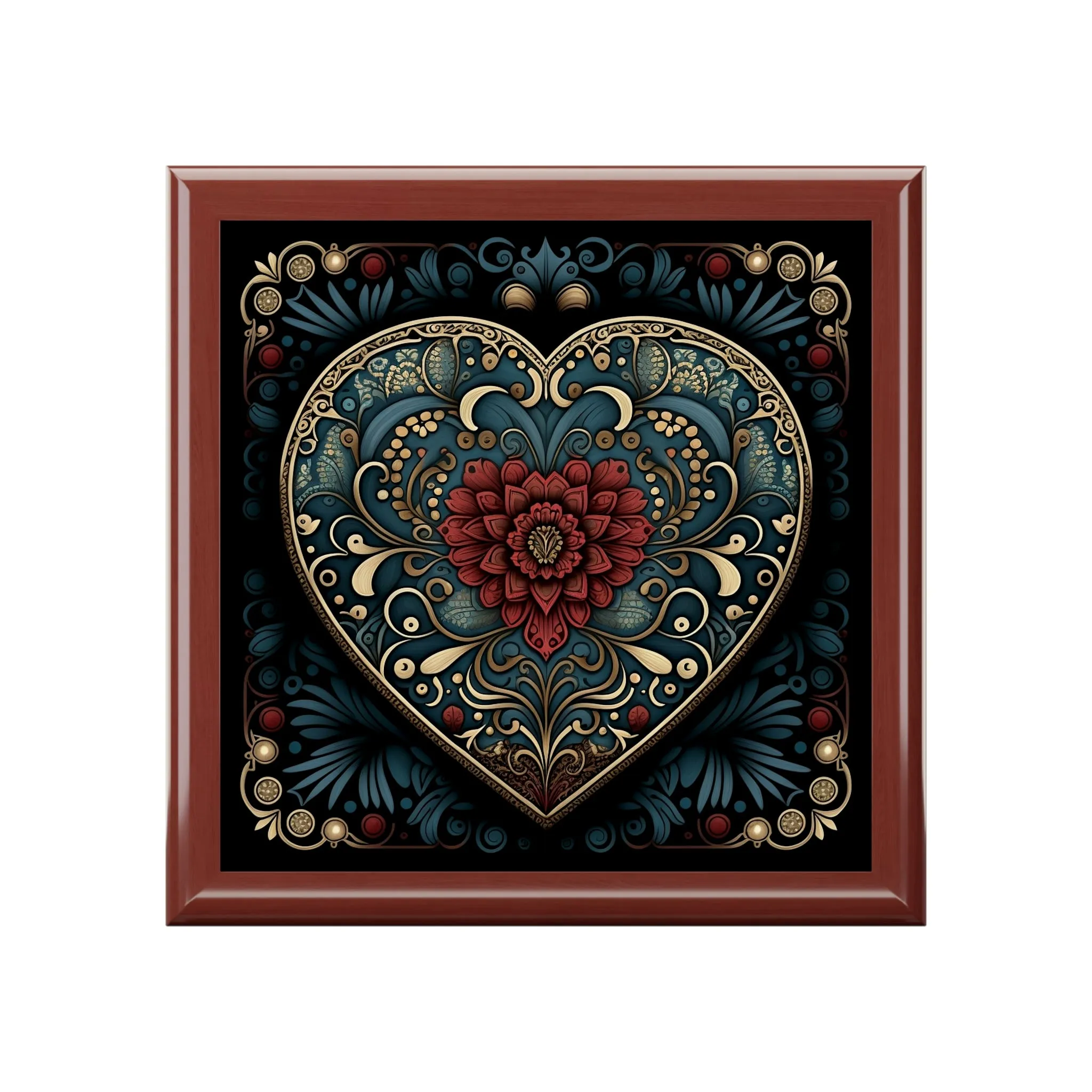 Mandala Heart Wood Keepsake Jewelry Box with Ceramic Tile Cover