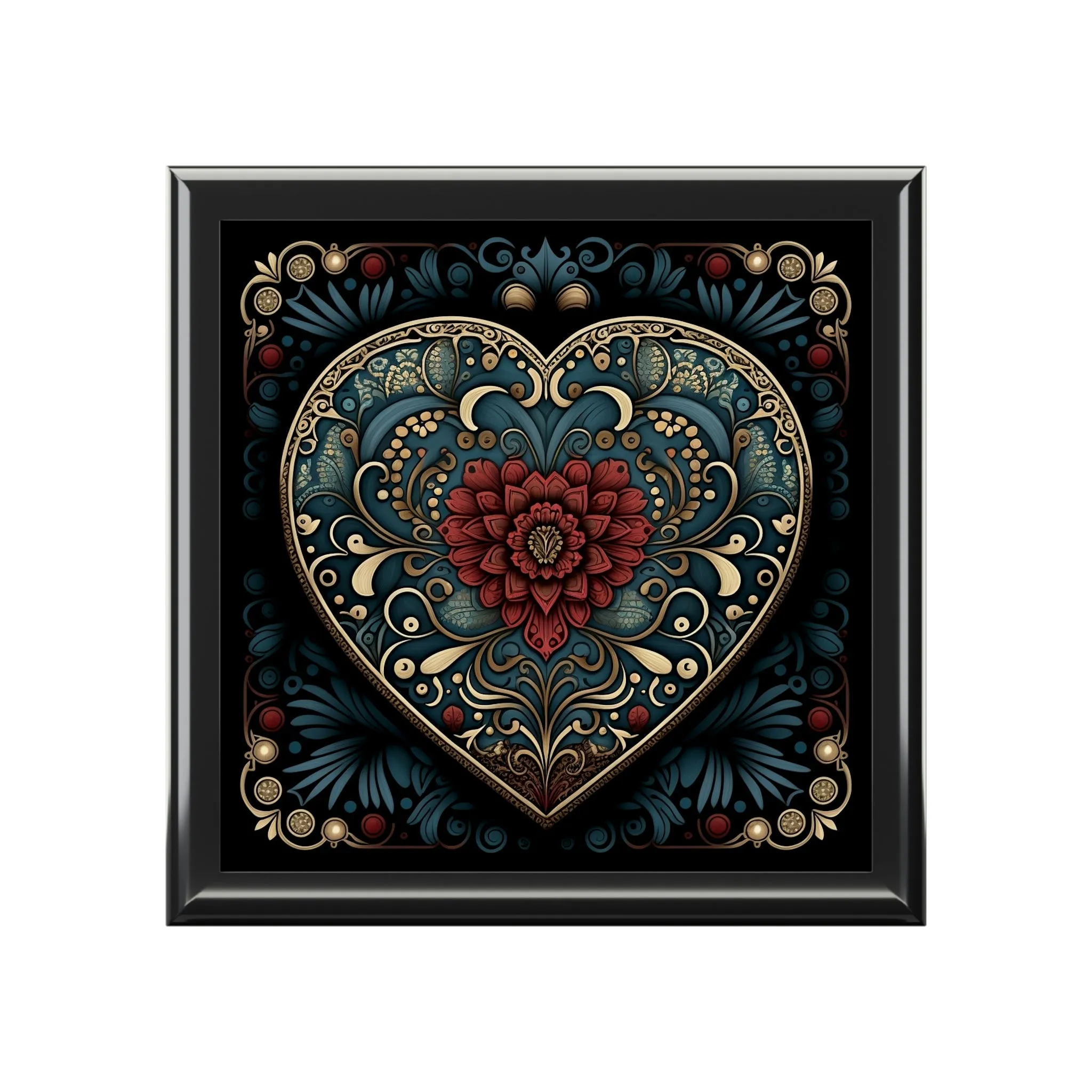 Mandala Heart Wood Keepsake Jewelry Box with Ceramic Tile Cover