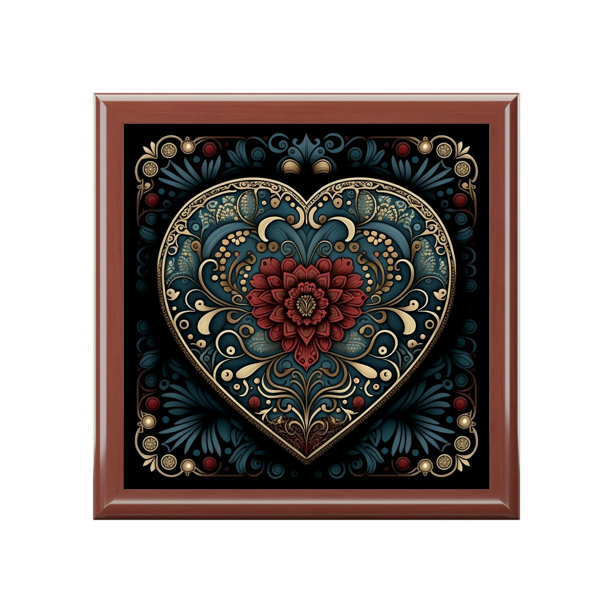 Mandala Heart Wood Keepsake Jewelry Box with Ceramic Tile Cover