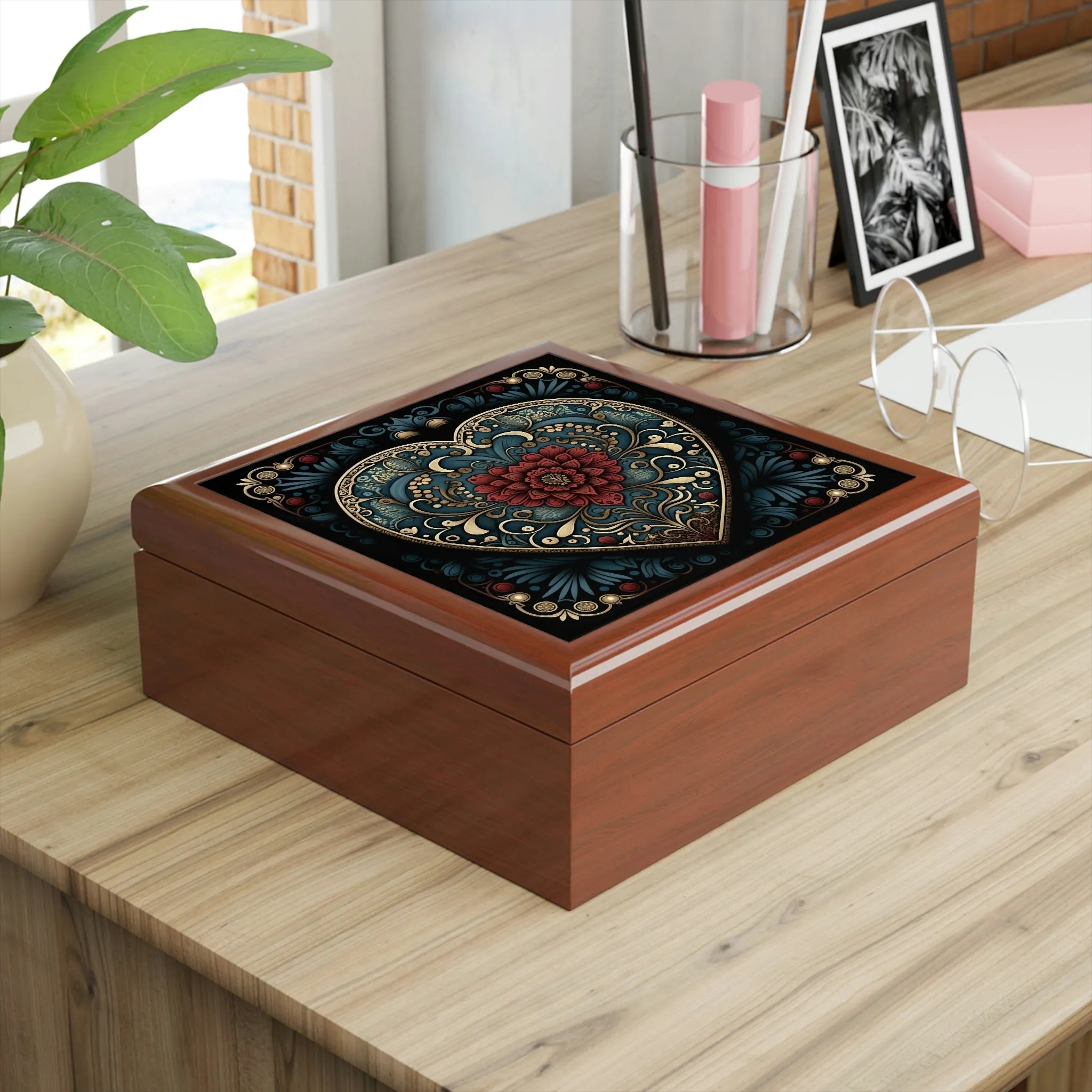 Mandala Heart Wood Keepsake Jewelry Box with Ceramic Tile Cover