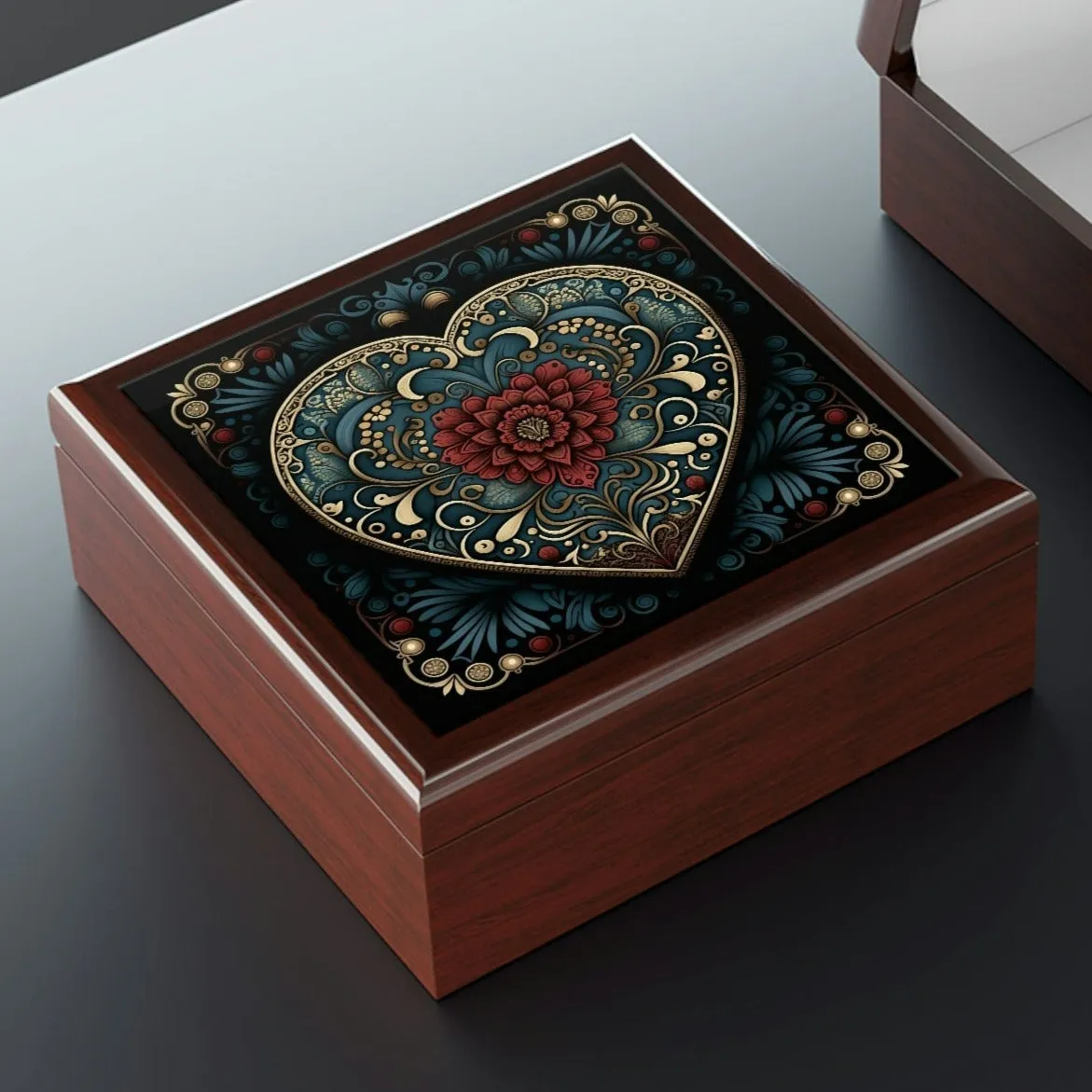 Mandala Heart Wood Keepsake Jewelry Box with Ceramic Tile Cover