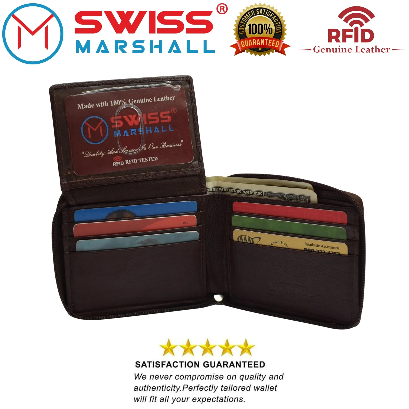 Men's Zipper RFID Blocking Premium Leather Zip-Around ID Bifold Wallet by Swiss Marshall