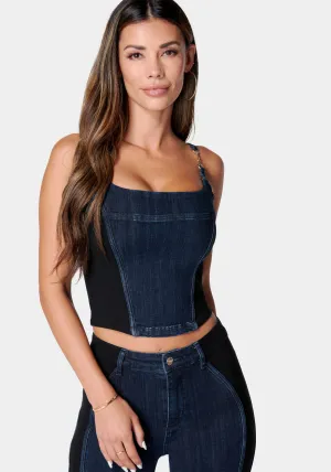 Metal Trim Detail Knit Combo Denim Bustier