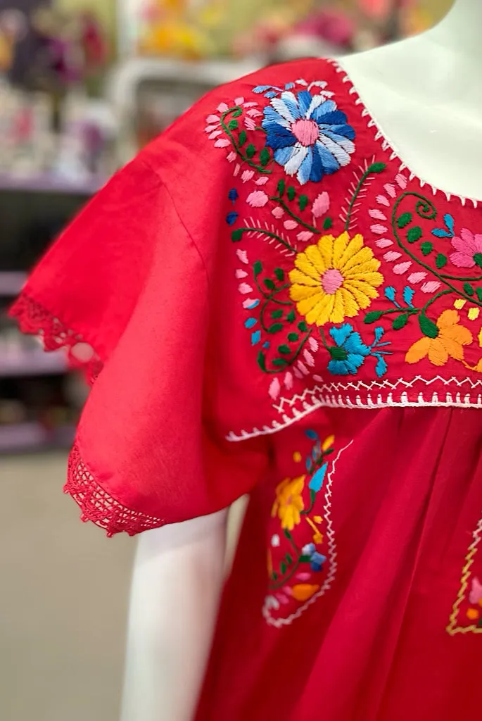 Mexican Bohemian Long Dress - Red with Crochet Lace