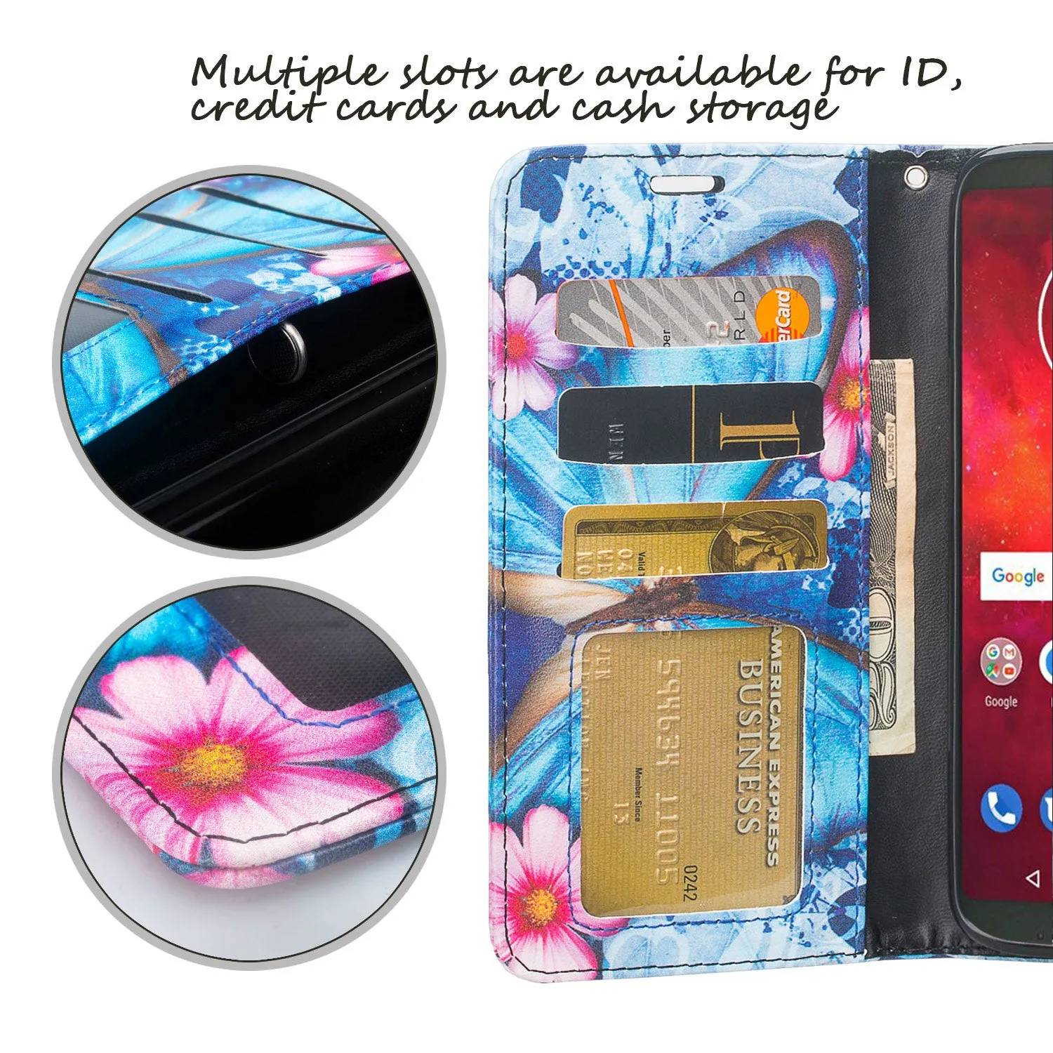 Motorola Moto Z3 Play Case, Moto Z3 Play Wallet Case, Wrist Strap Pu Leather Wallet Case [Kickstand] with ID & Credit Card Slots - Blue Butterfly