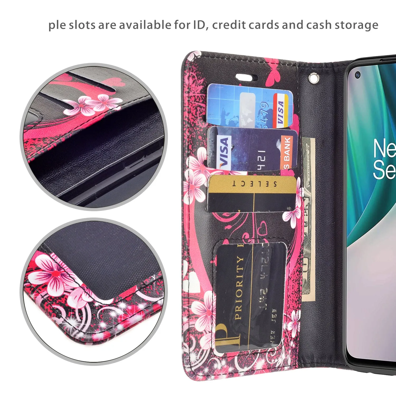 OnePlus Nord N10 5G Case, Nord N10 5G Wallet Case, Wrist Strap Pu Leather Wallet Case [Kickstand] with ID & Credit Card Slots - Heart Butterflies