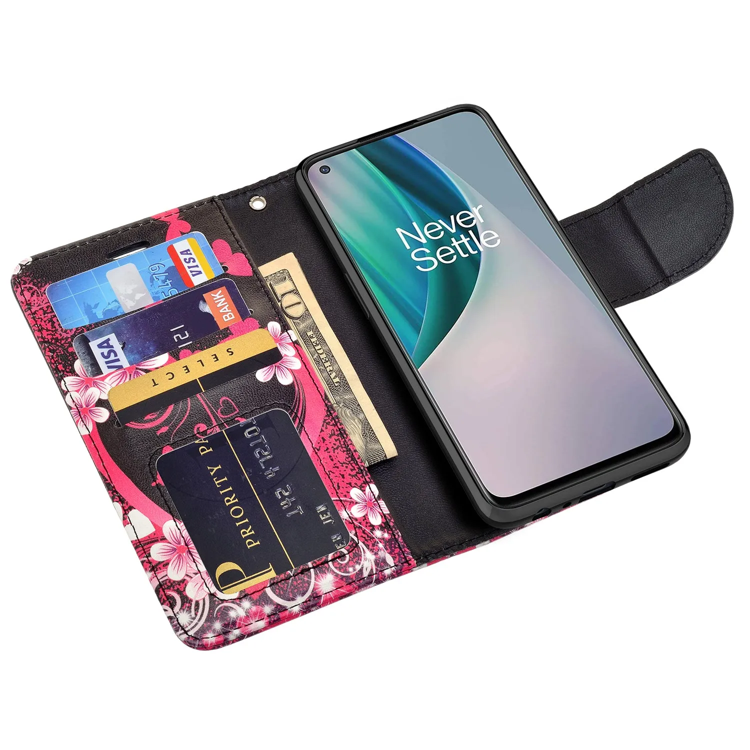 OnePlus Nord N10 5G Case, Nord N10 5G Wallet Case, Wrist Strap Pu Leather Wallet Case [Kickstand] with ID & Credit Card Slots - Heart Butterflies