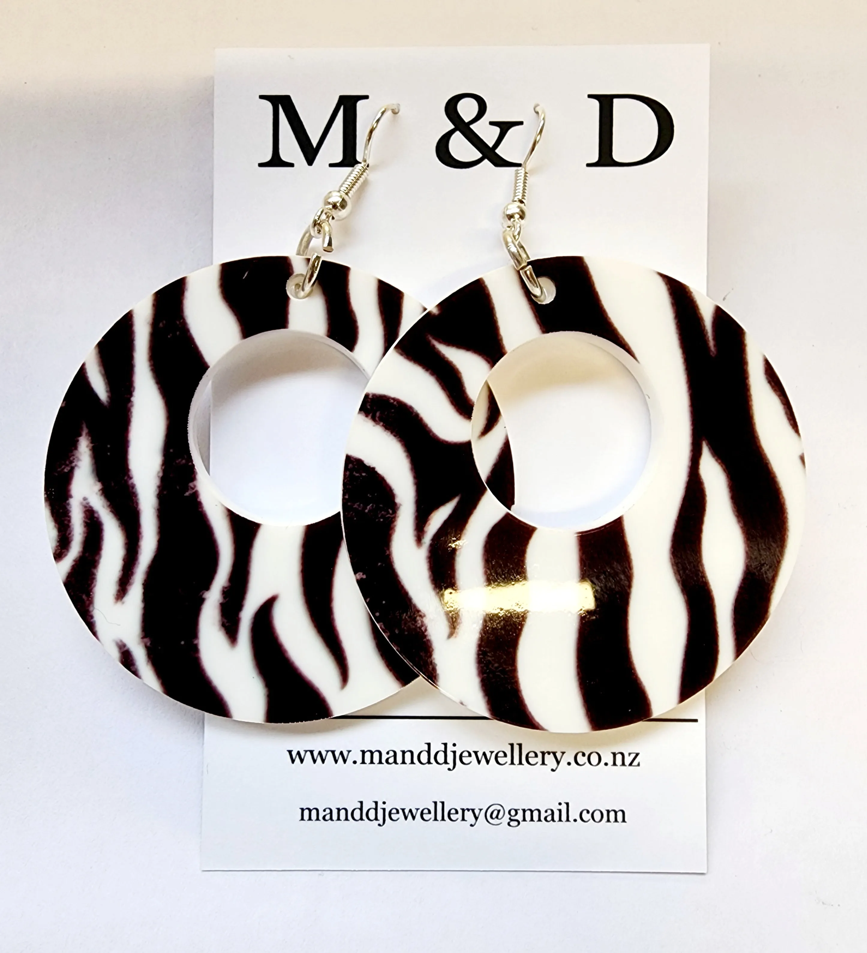 Patterned Zebra Black White Circles Dangle Earrings