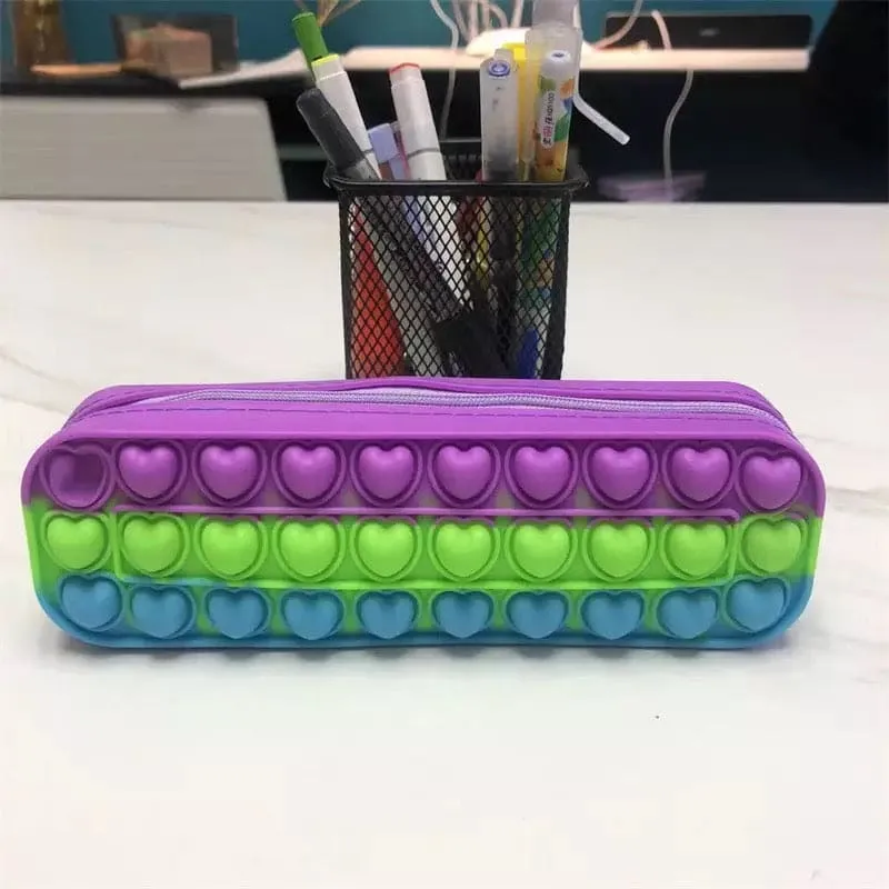 Pencil Case, Heart Pop Fidget Toy Pencil Pouch, Children Stress Relief Squishy Toy, Popit Bubble Toy Stationary Pencil Case