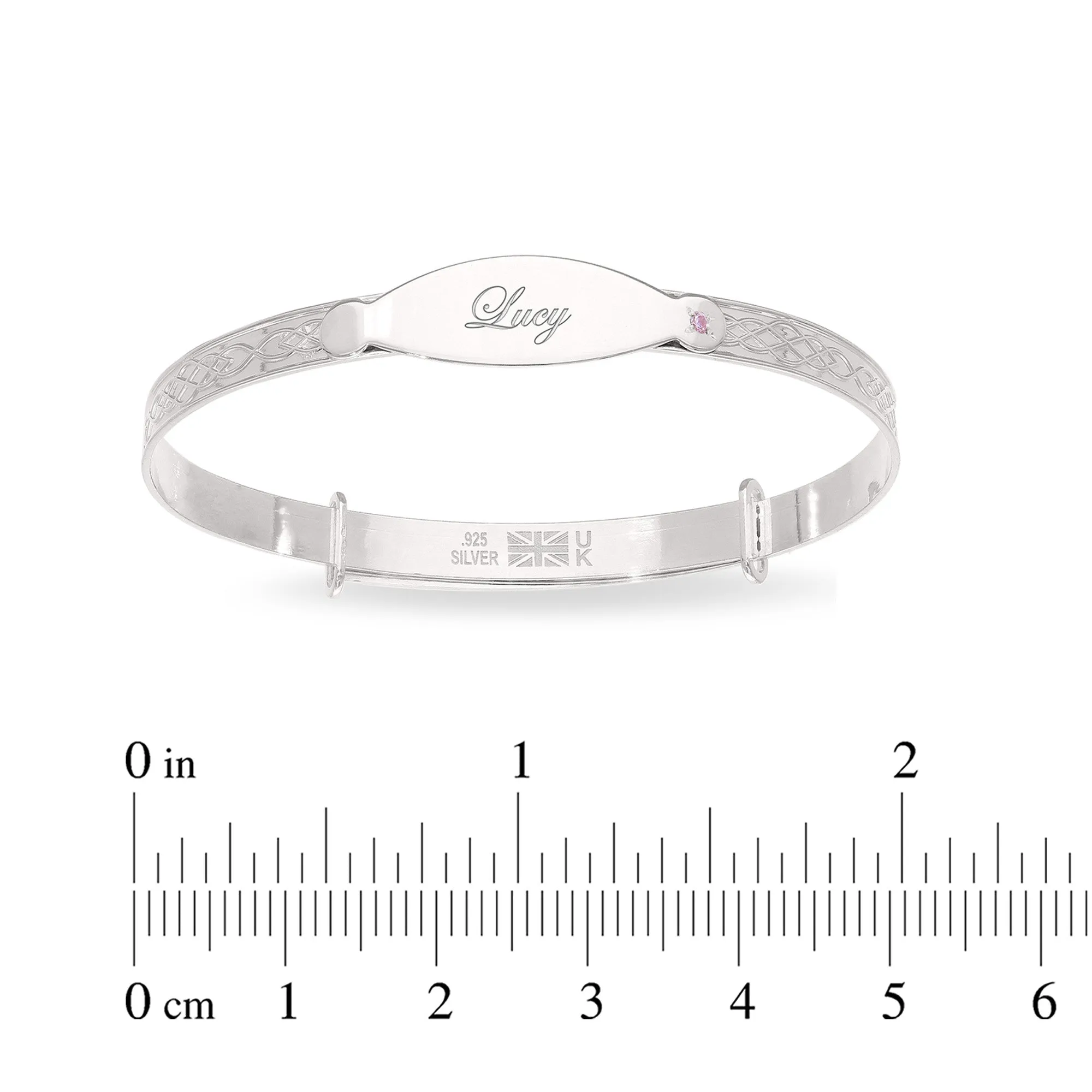 Personalised Sterling Silver Baby Girl Bangle with pink stone (0-5 yrs)