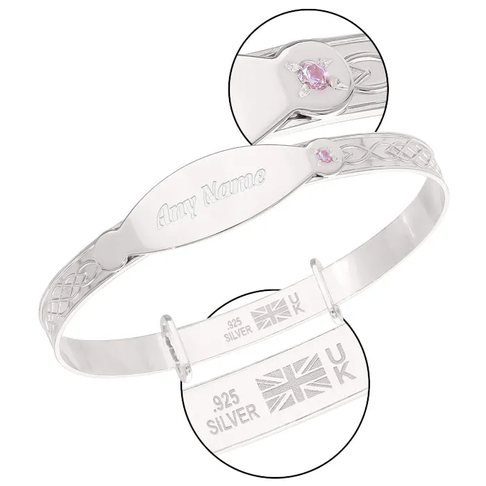 Personalised Sterling Silver Baby Girl Bangle with pink stone (0-5 yrs)