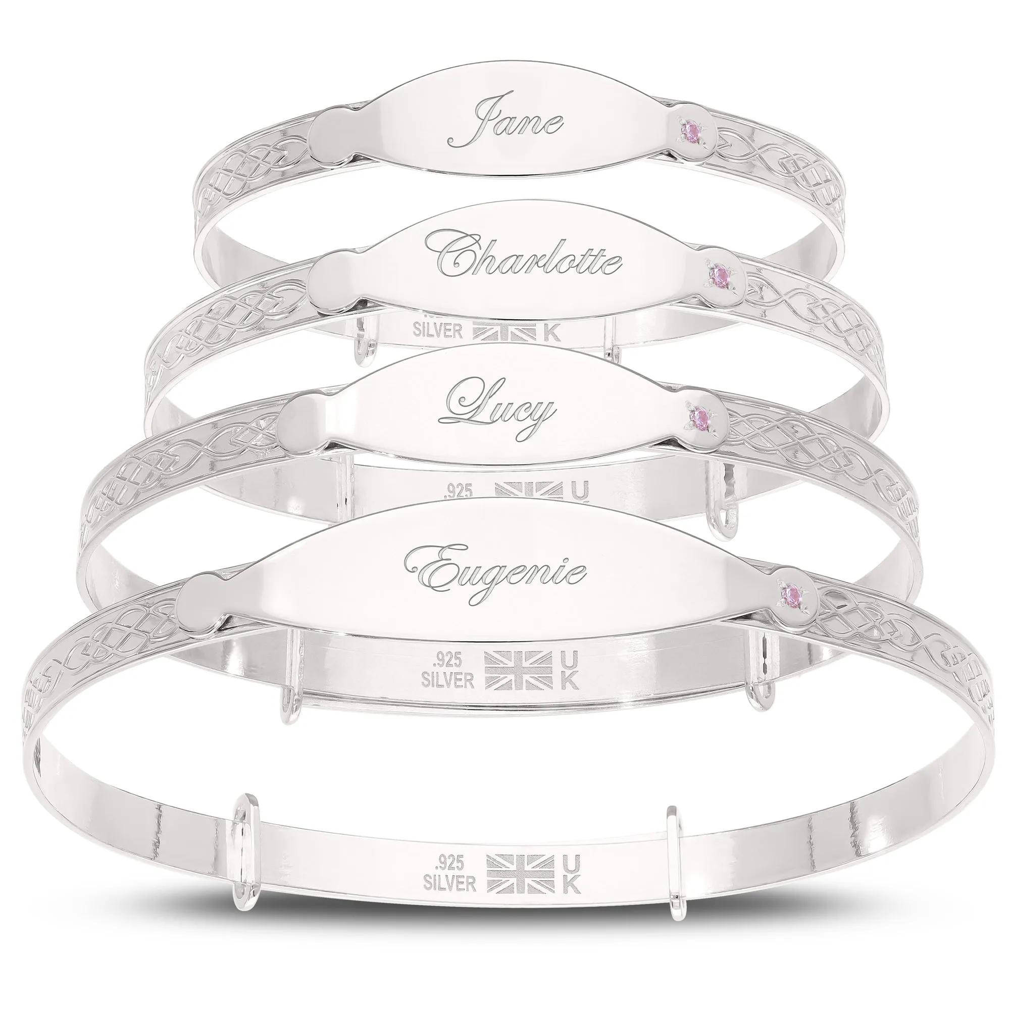 Personalised Sterling Silver Baby Girl Bangle with pink stone (0-5 yrs)