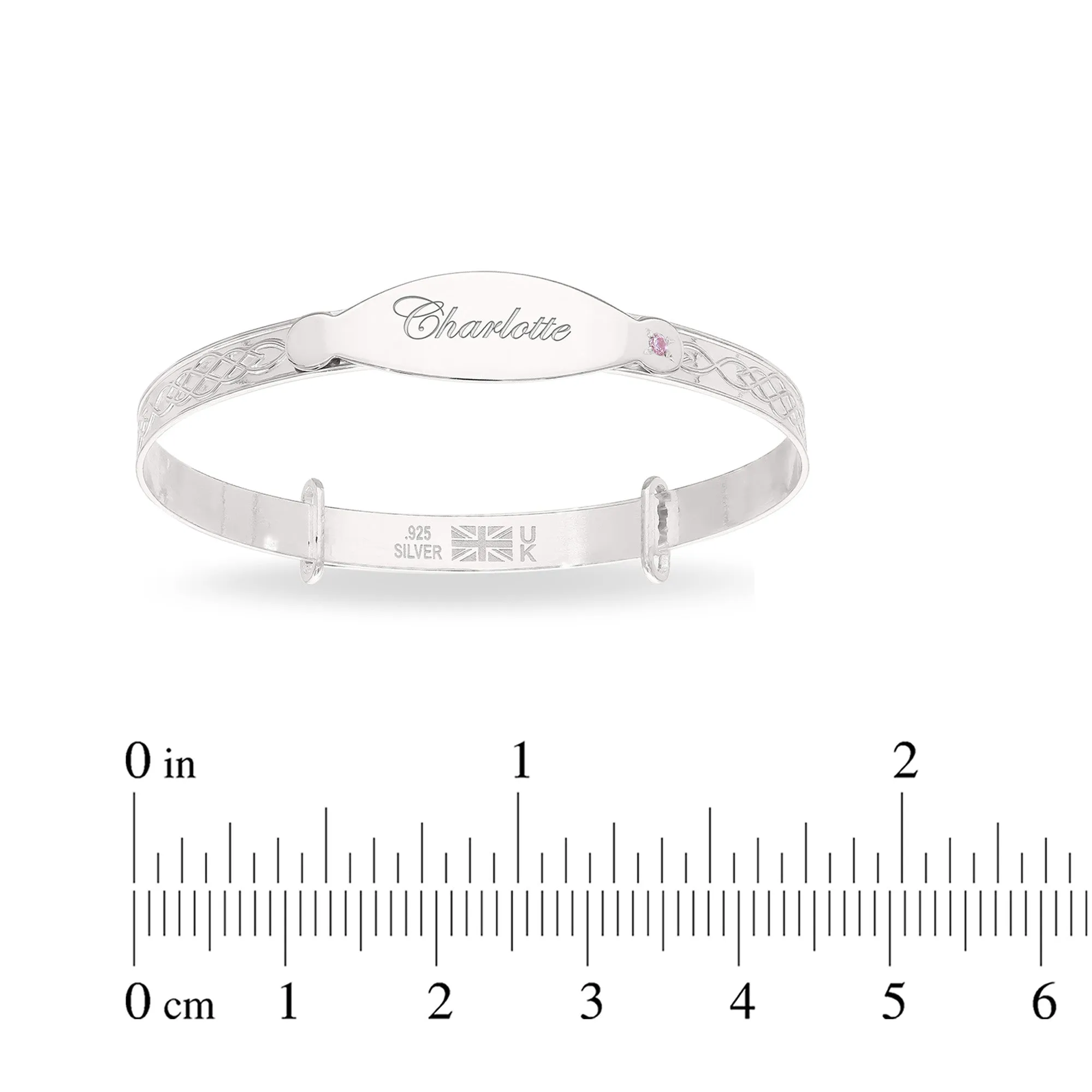 Personalised Sterling Silver Baby Girl Bangle with pink stone (0-5 yrs)