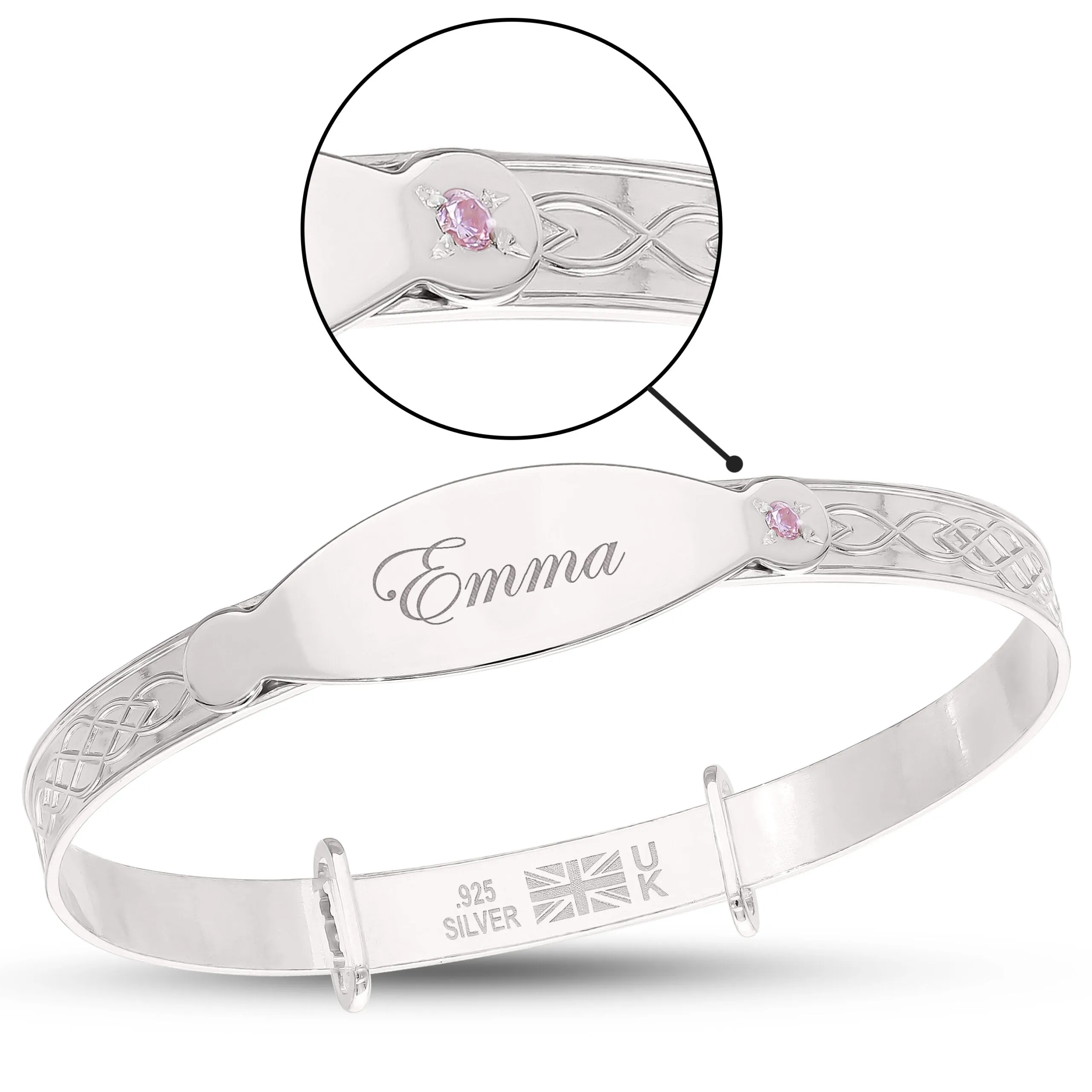 Personalised Sterling Silver Baby Girl Bangle with pink stone (0-5 yrs)