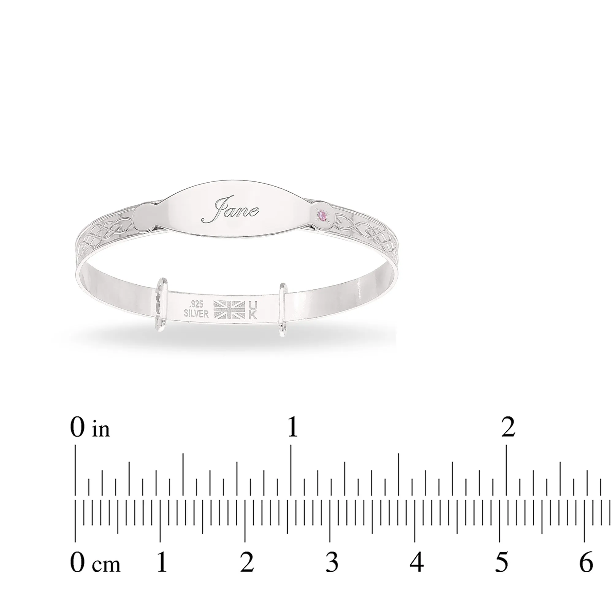 Personalised Sterling Silver Baby Girl Bangle with pink stone (0-5 yrs)