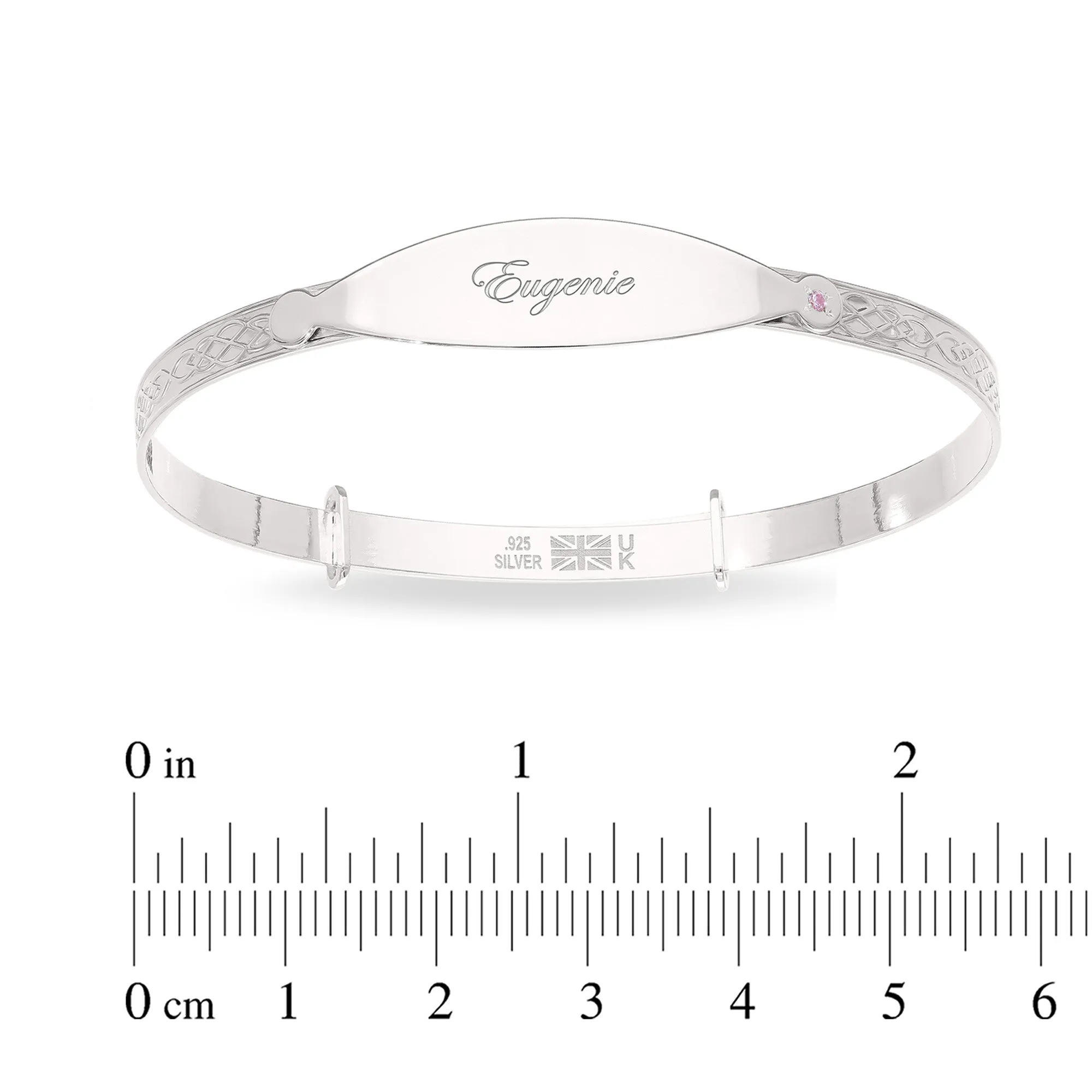 Personalised Sterling Silver Baby Girl Bangle with pink stone (0-5 yrs)