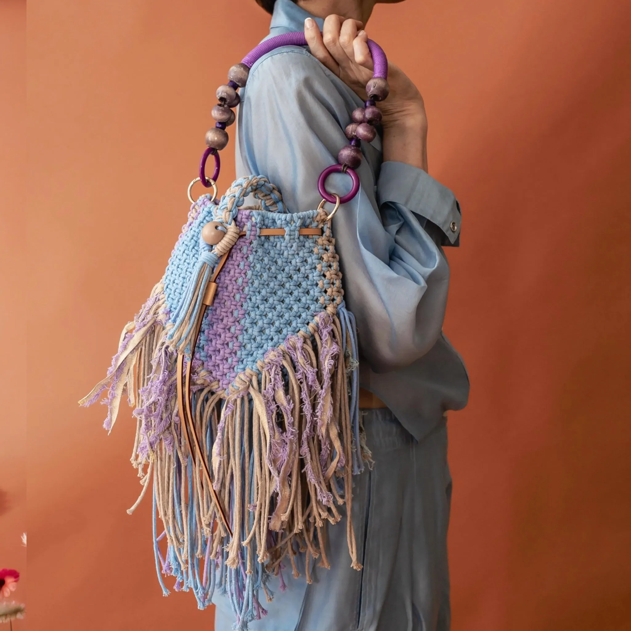 Phoebe - Baby Blue & Lilac Duo  Macrame Bucket Bag