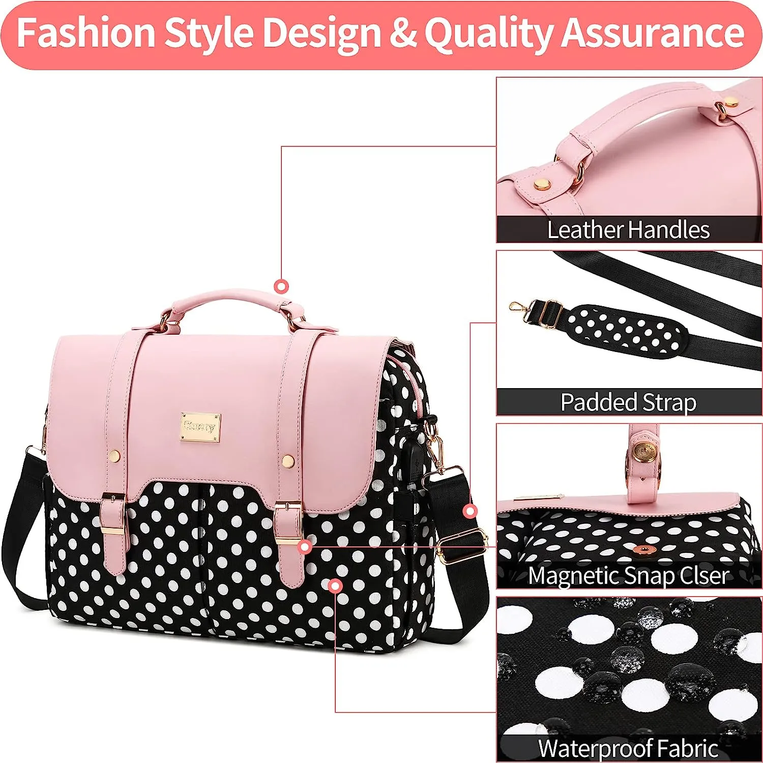 Polkadot Pink & Black Printed Top Handle Laptop Bag