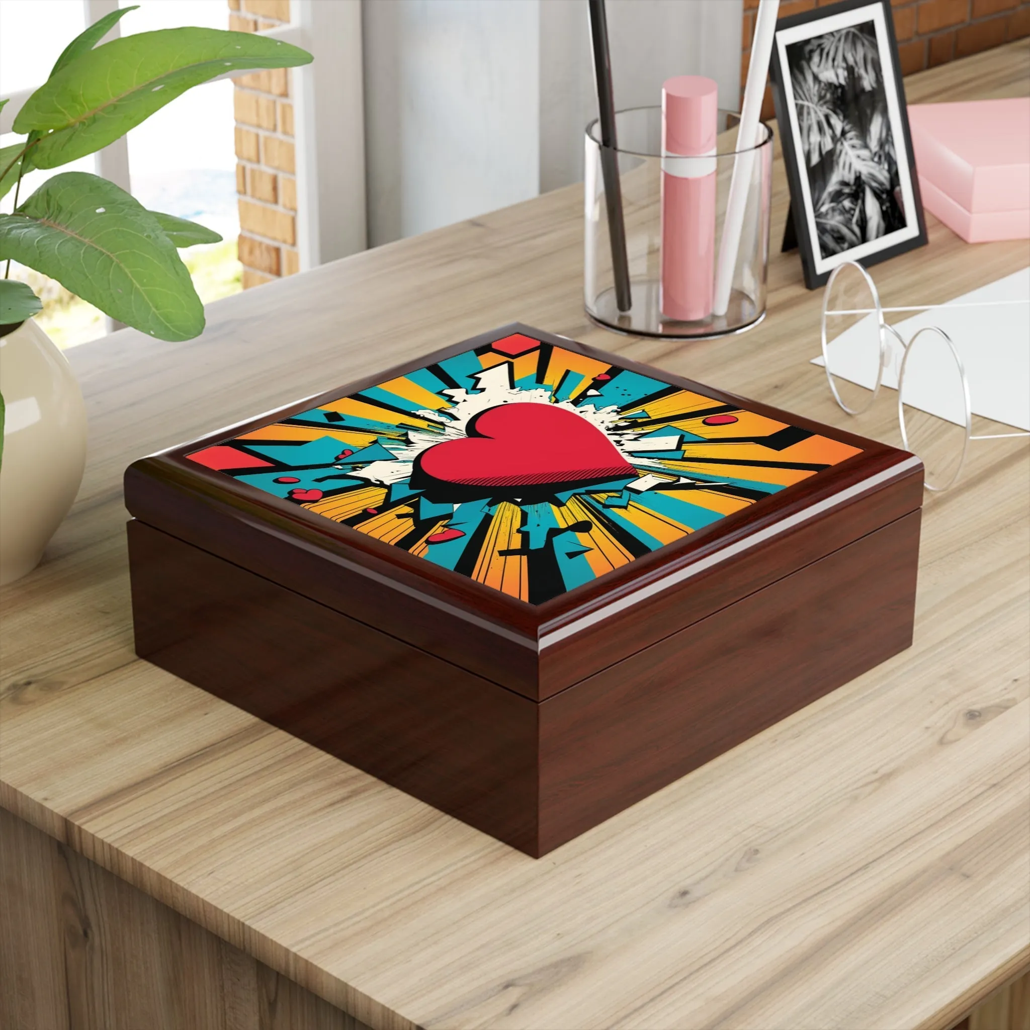 Pop Art Heart Wood Keepsake Jewelry Box with Ceramic Tile Cover