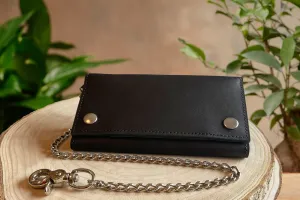 Premium Black Leather Biker Chain Wallet with ID Window (Large 7.38" x 4.25")