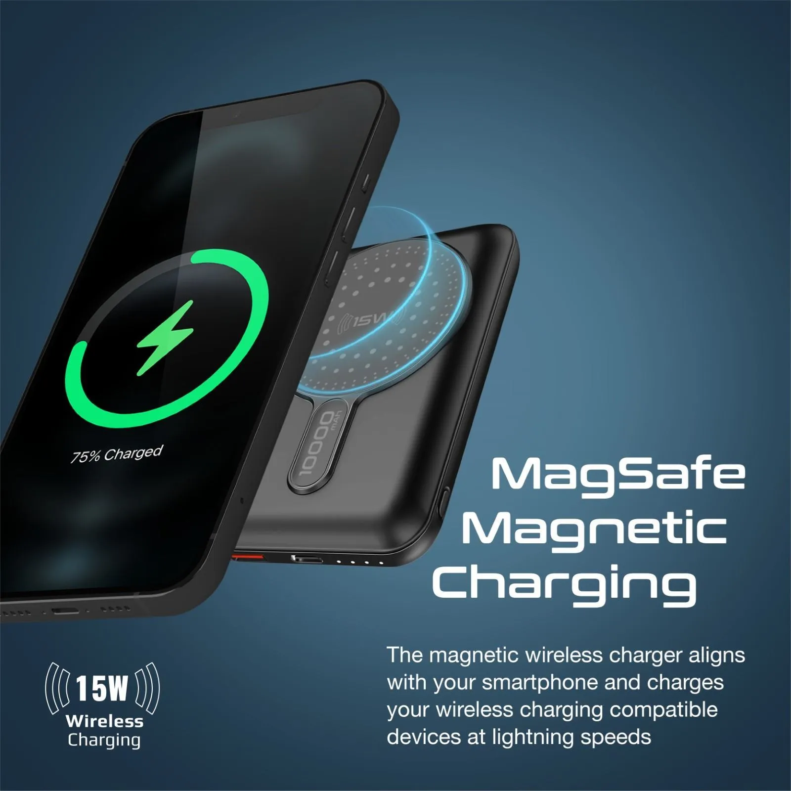 Promate Magnetic Qi Wireless Charging Power Bank, USB-C, PD, USB-A, MagSafe, Black