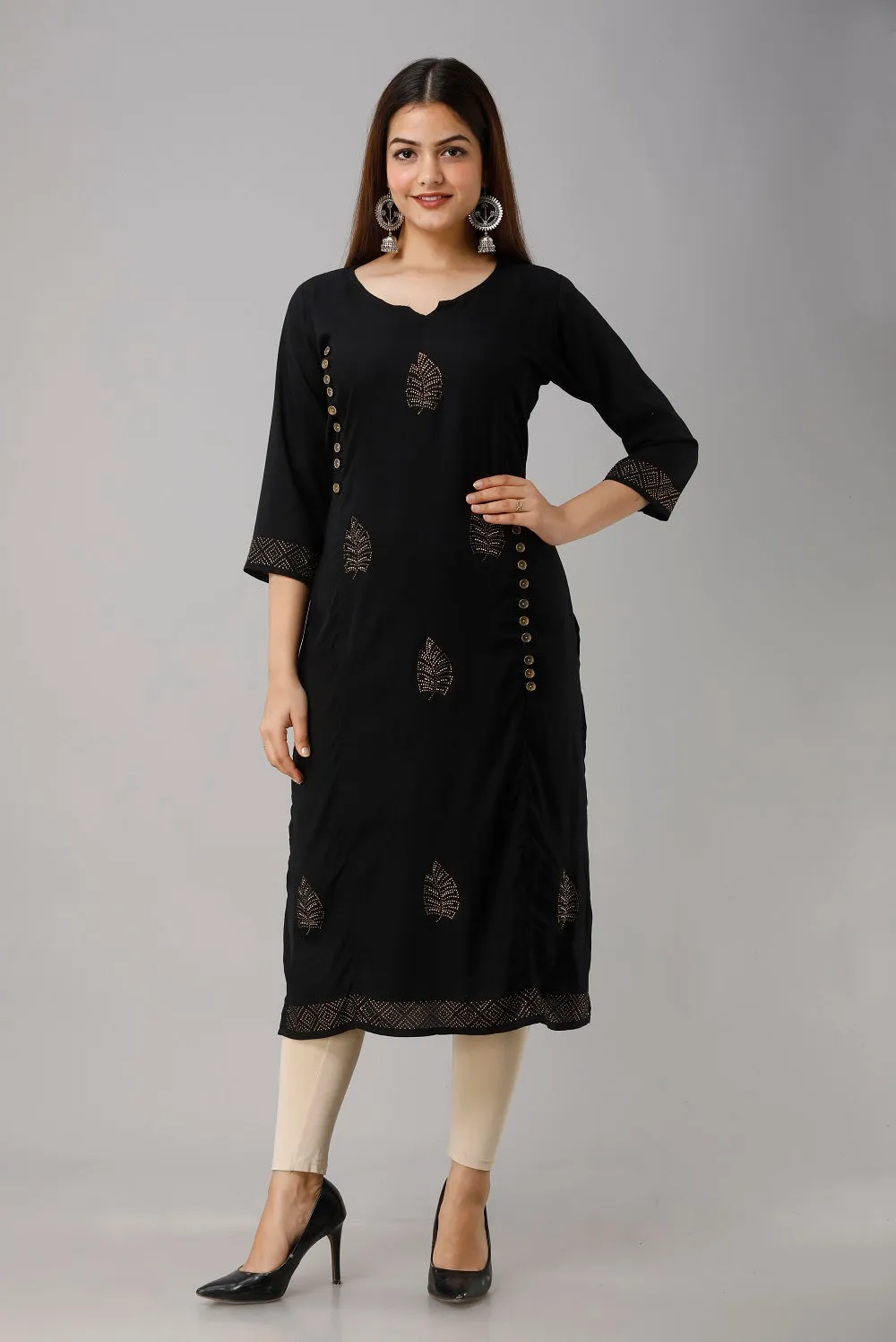 Rayon solid embellished straight kurti (Black)