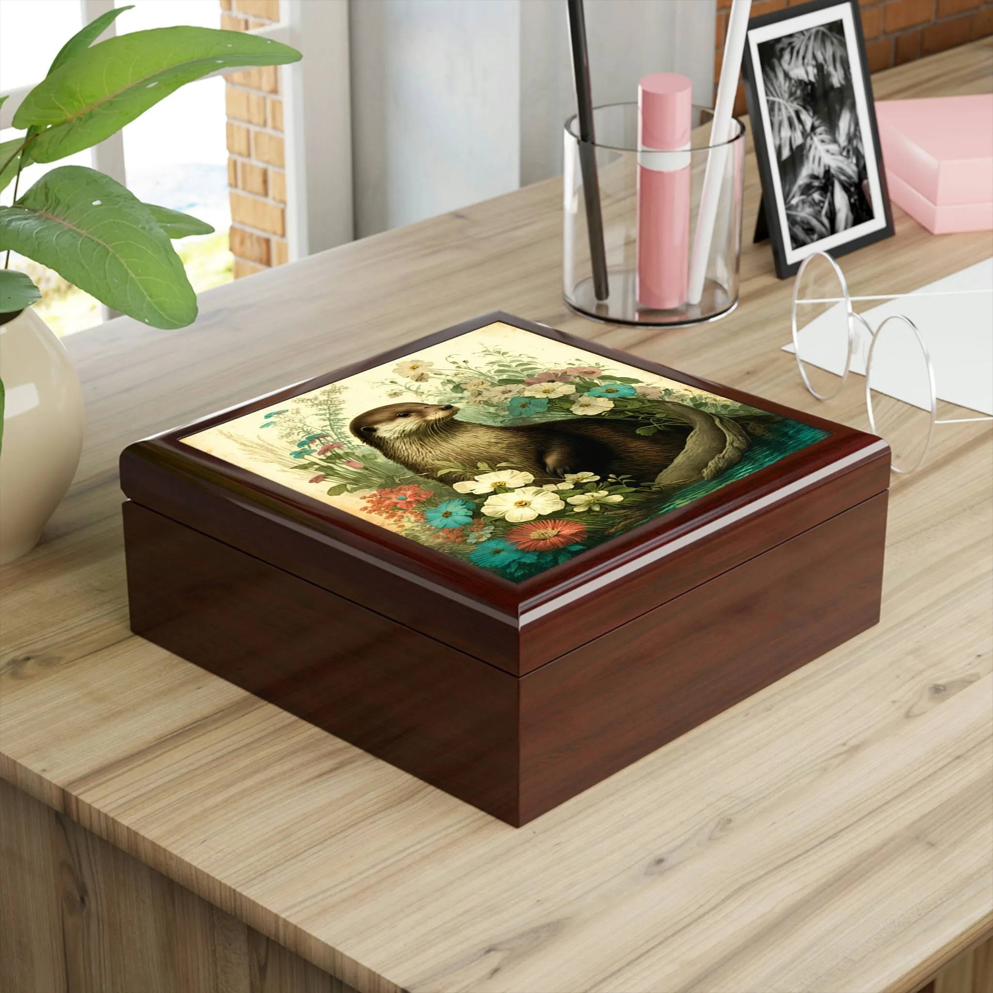 River Otter Wood Keepsake Jewelry Box with Ceramic Tile Cover