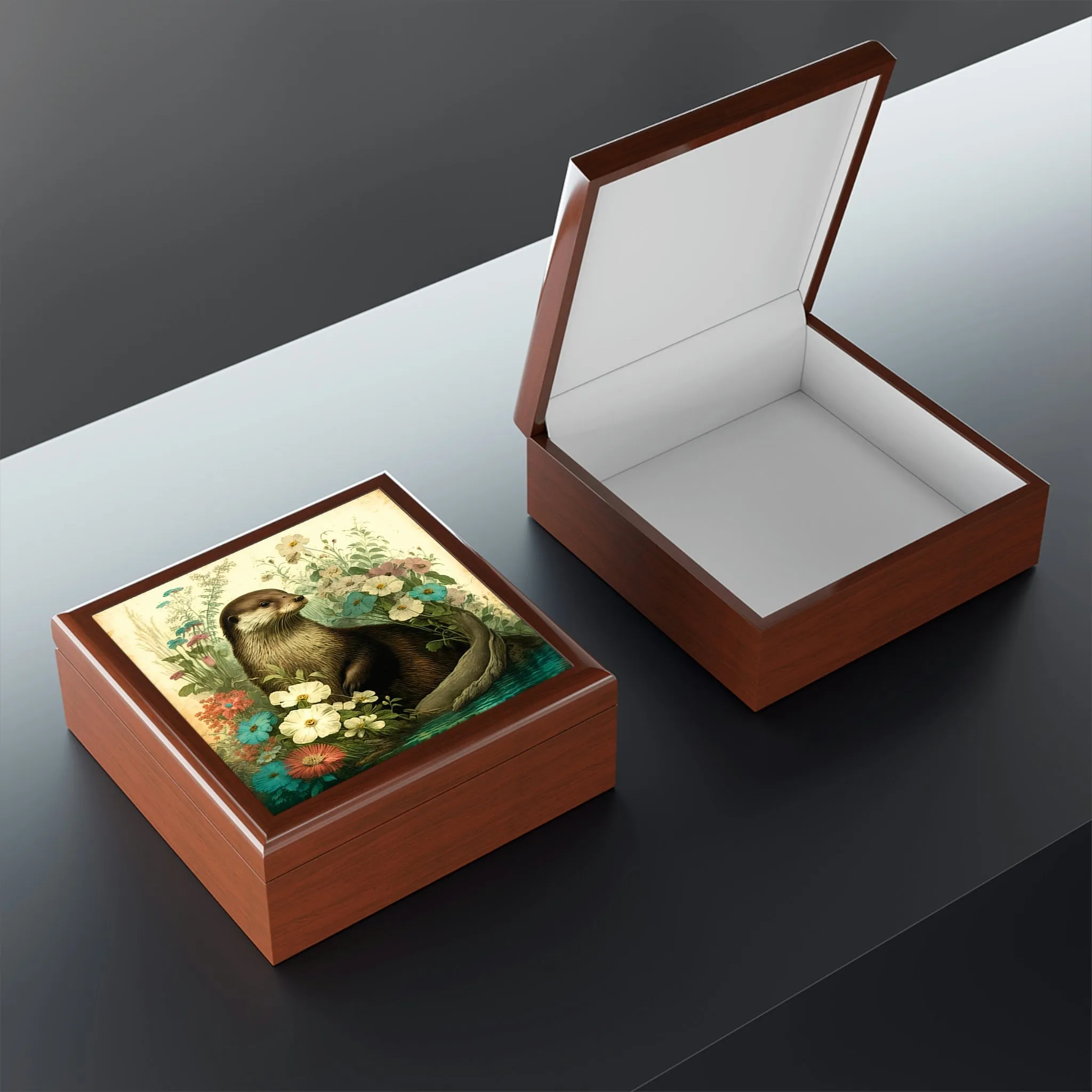 River Otter Wood Keepsake Jewelry Box with Ceramic Tile Cover