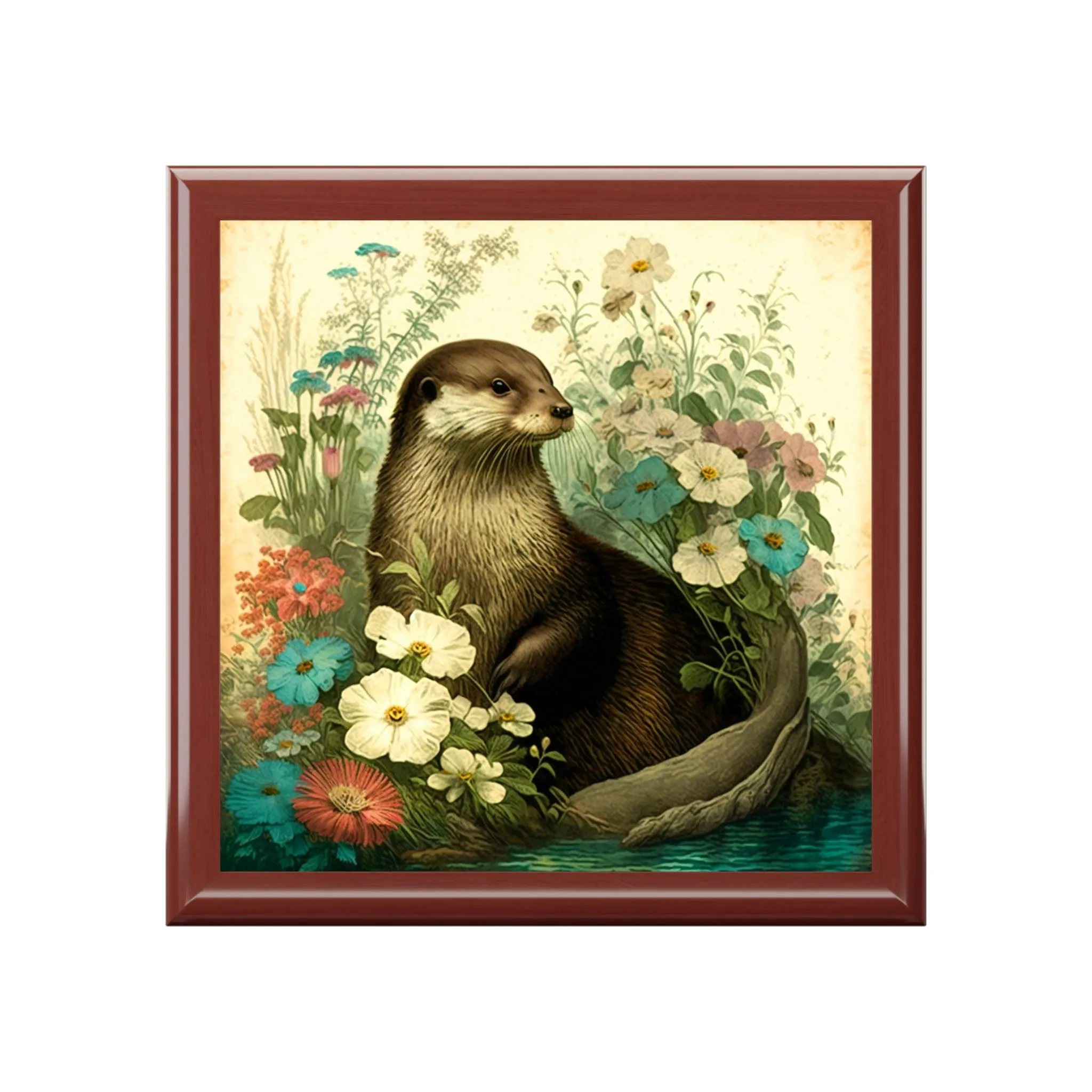 River Otter Wood Keepsake Jewelry Box with Ceramic Tile Cover