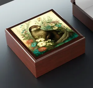 River Otter Wood Keepsake Jewelry Box with Ceramic Tile Cover