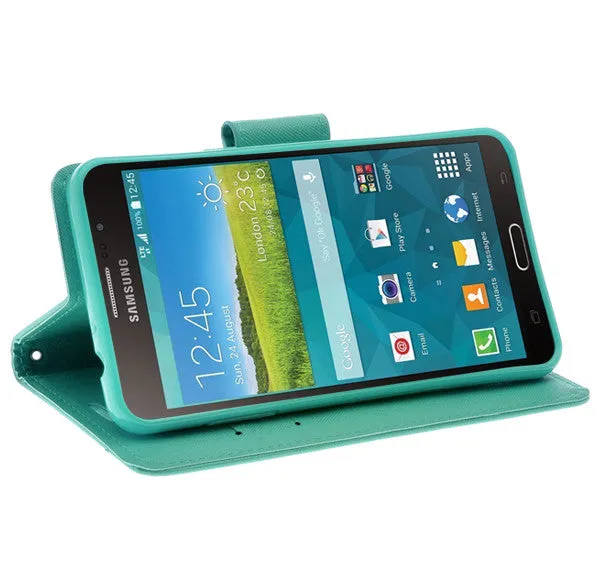 Samsung Galaxy Mega 2 Case, Wrist Strap Magnetic Fold[Kickstand] Pu Leather Wallet Case with ID & Credit Card Slots for Samsung Galaxy Mega2 - Teal